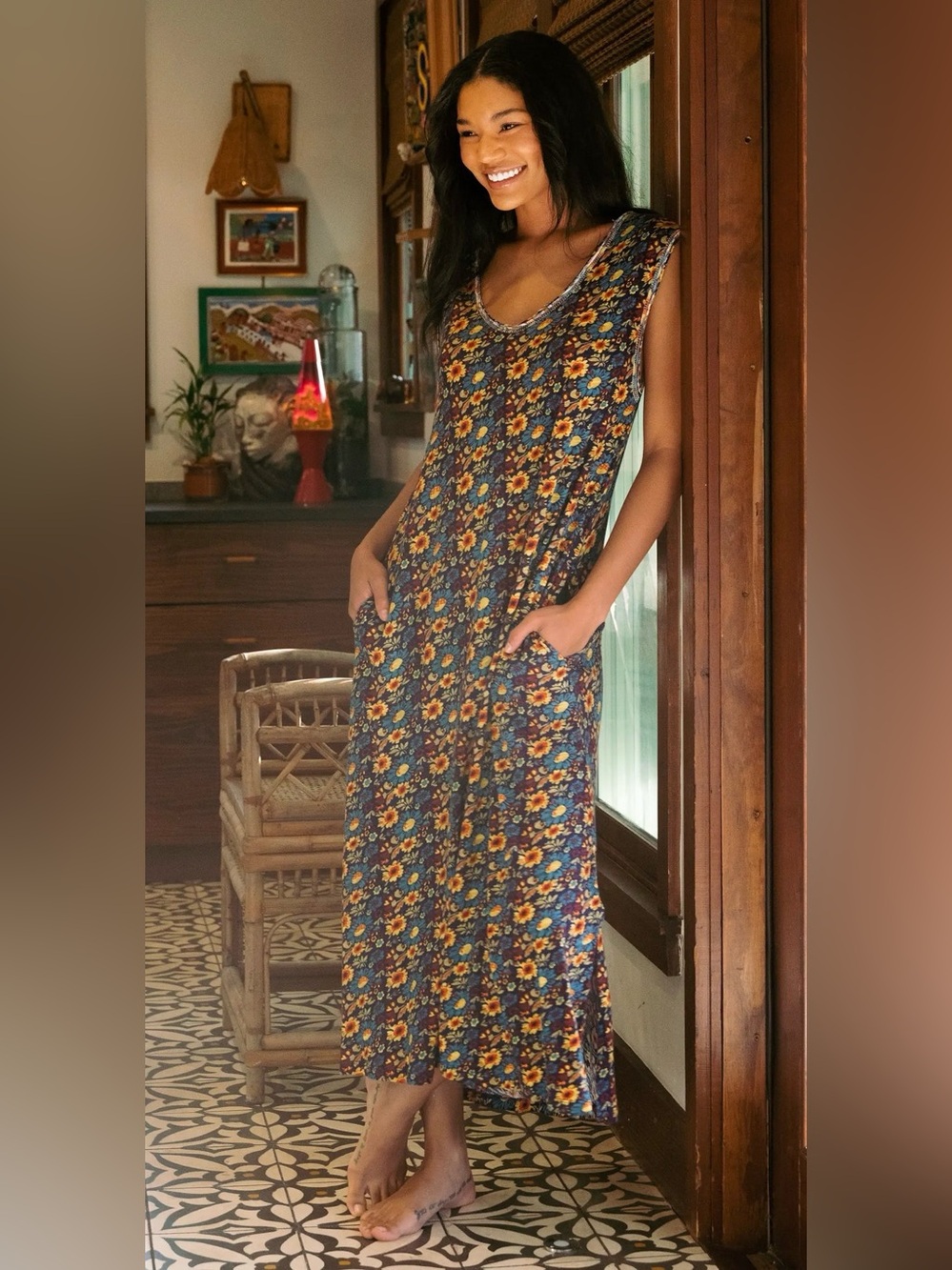 Natural Life Hangout Cotton Midi Dress in Olive Navy Floral print size XS/S